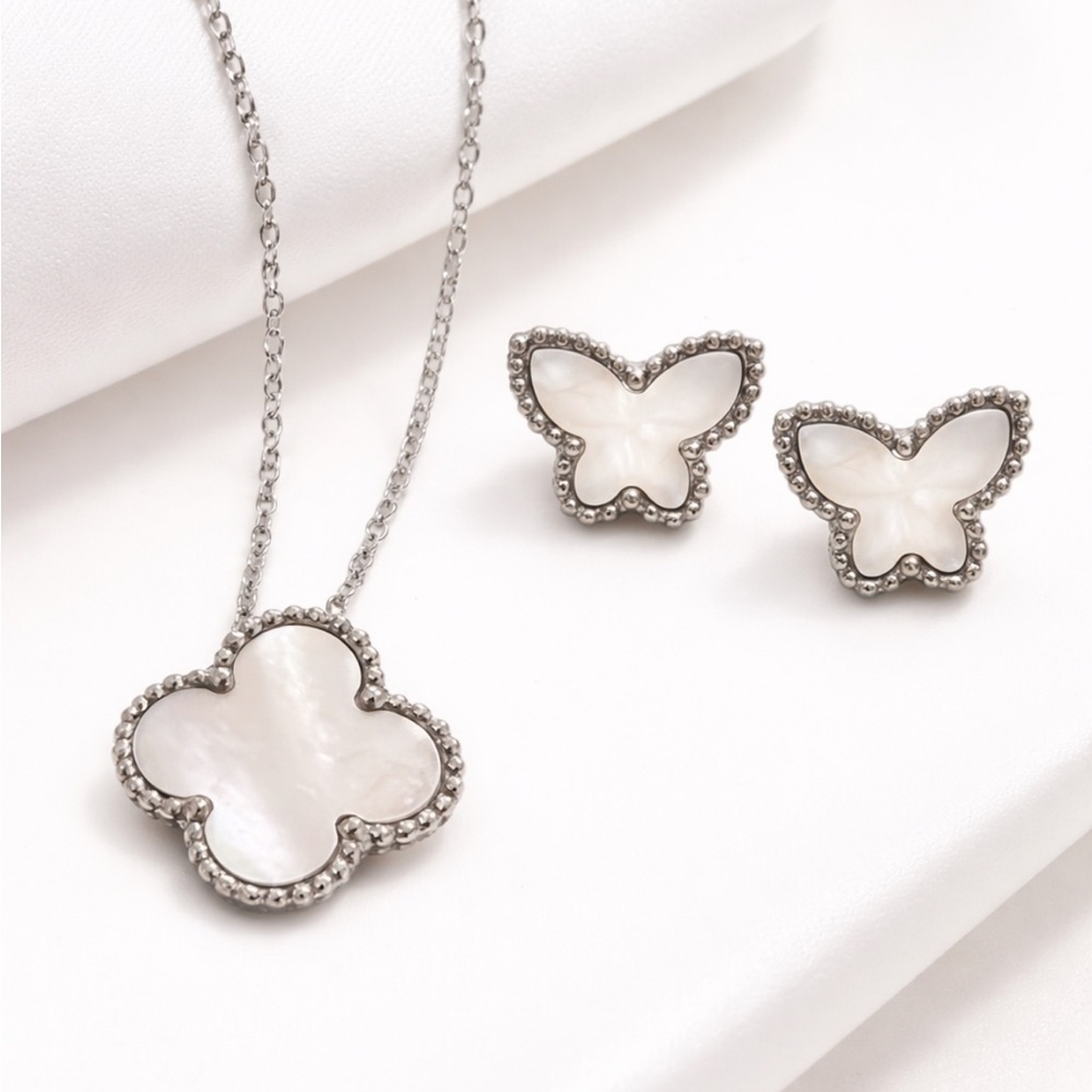 Mother-of-Pearl Clover Necklace and butterfly earrings - Picture 2 of 4